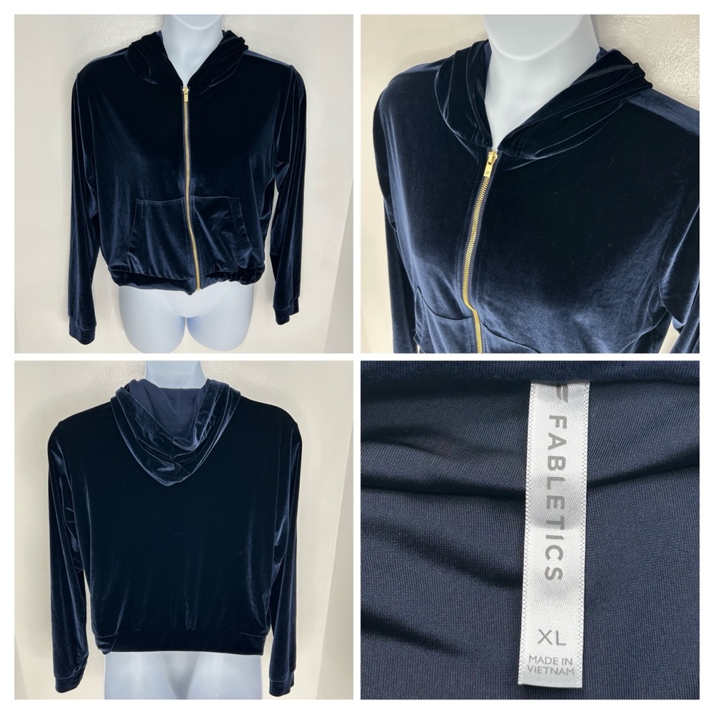Fabletics Velvet Velour Full Zip Hoodie Sweatshirt Size XL Gold Zip Dark Navy